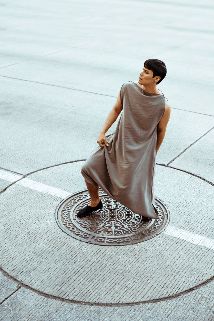 Sustainable luxury genderless abstract asymmetric taupe dress