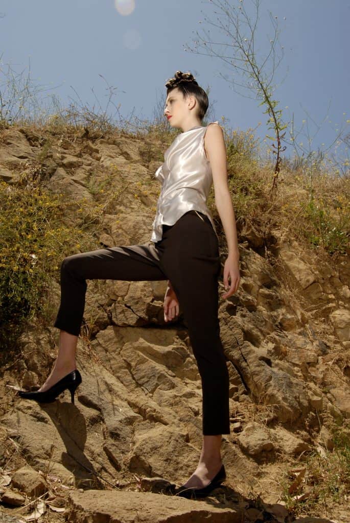 Sustainable luxury women's RTW designer trouser and silk top
