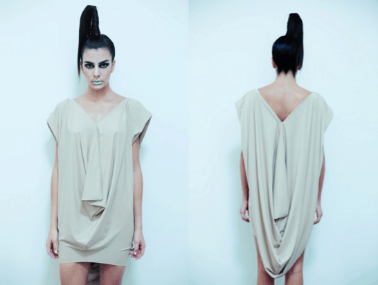 Sustainable luxury women’s RTW recycle draped dress front view and back view