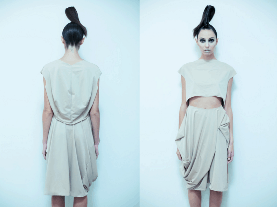 Sustainable luxury women’s RTW cream recycle knit top and skirt front and back view
