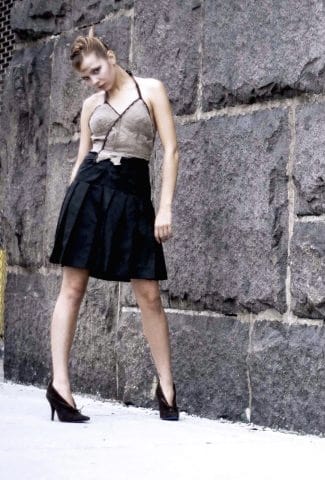 Women’s rtw up-cycled black skirt with a beige top